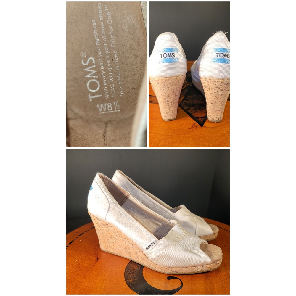 TOMS Cream Ribbed Textile Peep Toe Cork Wedge Sandals Womens 8.5